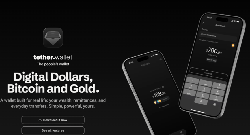 Màn hình chính của Tether Wallet với định vị dịch vụ và các tài sản được hỗ trợ